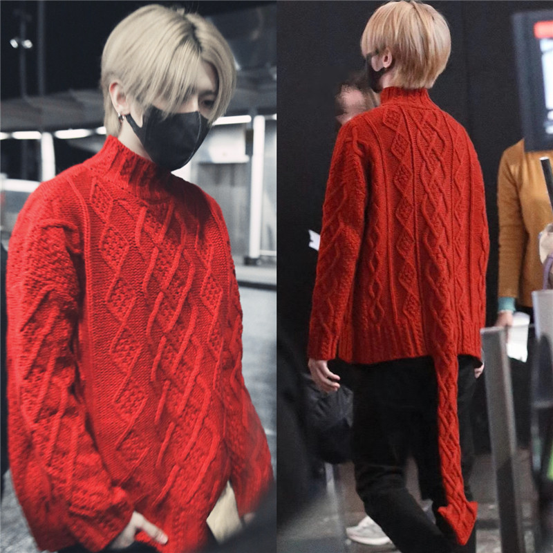 蔡徐坤同款高领毛衣情侣套头麻花箭头尾巴红色男女加厚宽松针织衫