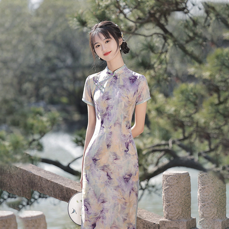 2022 summer new pattern Chiffon Improved edition young cheongsam High-end temperament girl tie-dyed violet Dressin the Women's clothing/Boutique , Wedding/Cheongsam/Formal dress , Cheongsam  category - from Buy2taobao.com to provide professional Taobao agent buy service