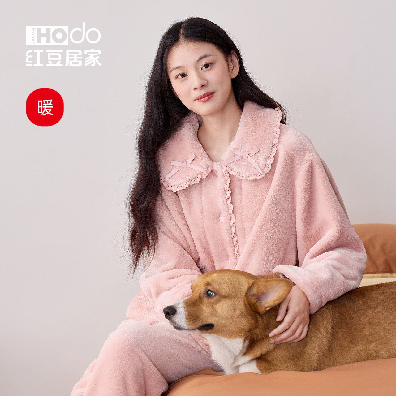 红豆居家珊瑚绒睡衣女冬抗静电加厚加绒甜美宽松法兰绒家居服套装