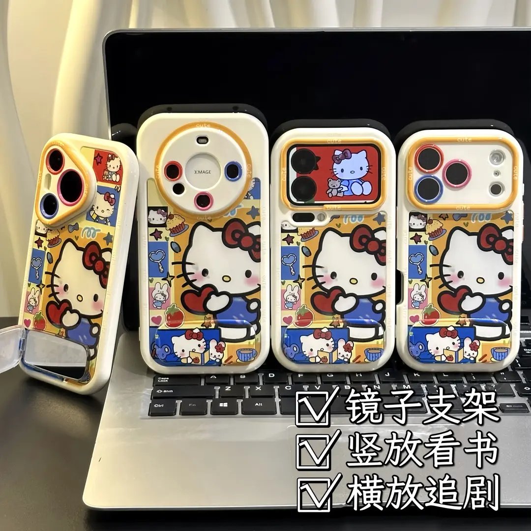 爱心猫咪镜子支架适用苹17手机壳iPhone16/15新款华为PURA80可爱MATE60PRO闺蜜OPPORENO14超火VVIO小米17PRO
