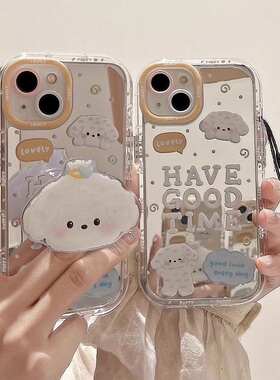波点英文小白狗适用苹果15手机壳iPhone14新款13/12MINI卡通11proamx镜面xs/xr透明7/8p情侣se2/3防摔IP全包