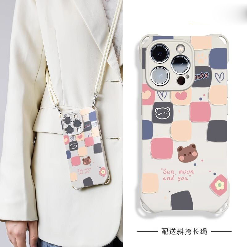 格子熊适用苹果15PROMAX手机壳iPhone16/14PLUS保护套华为PURA70秋冬MATE60四角挂绳VIVO19情侣小米14斜挎k70
