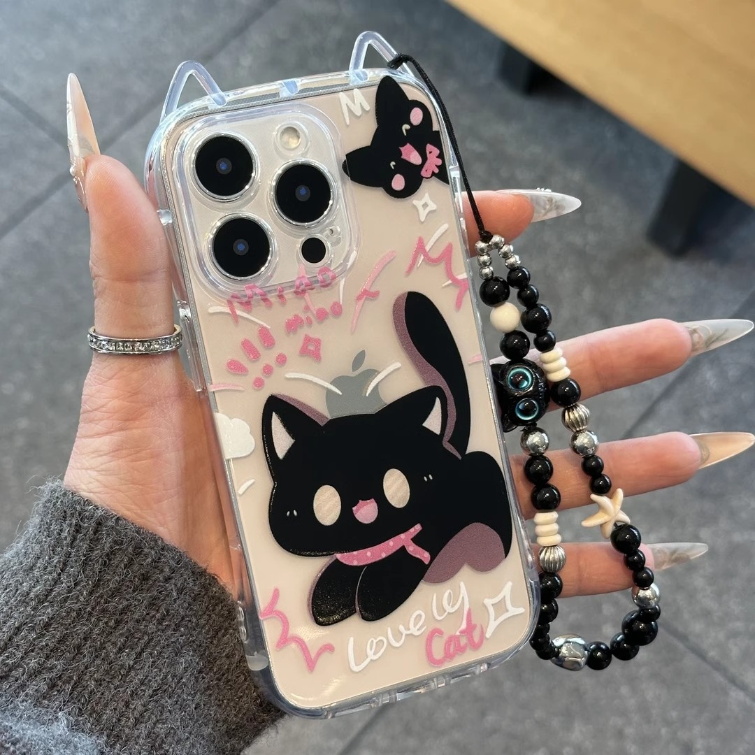 立体耳朵惊吓黑猫适用苹果手机壳