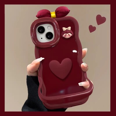 酒红爱心女孩适用苹果手机壳