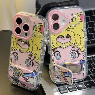 华为PURA80卡通NOVA14全包MATE60PRO粉VIVO小米OPPO 美少女钻贴镜子支架适用苹果16PROMAX手机壳iPhone15新款