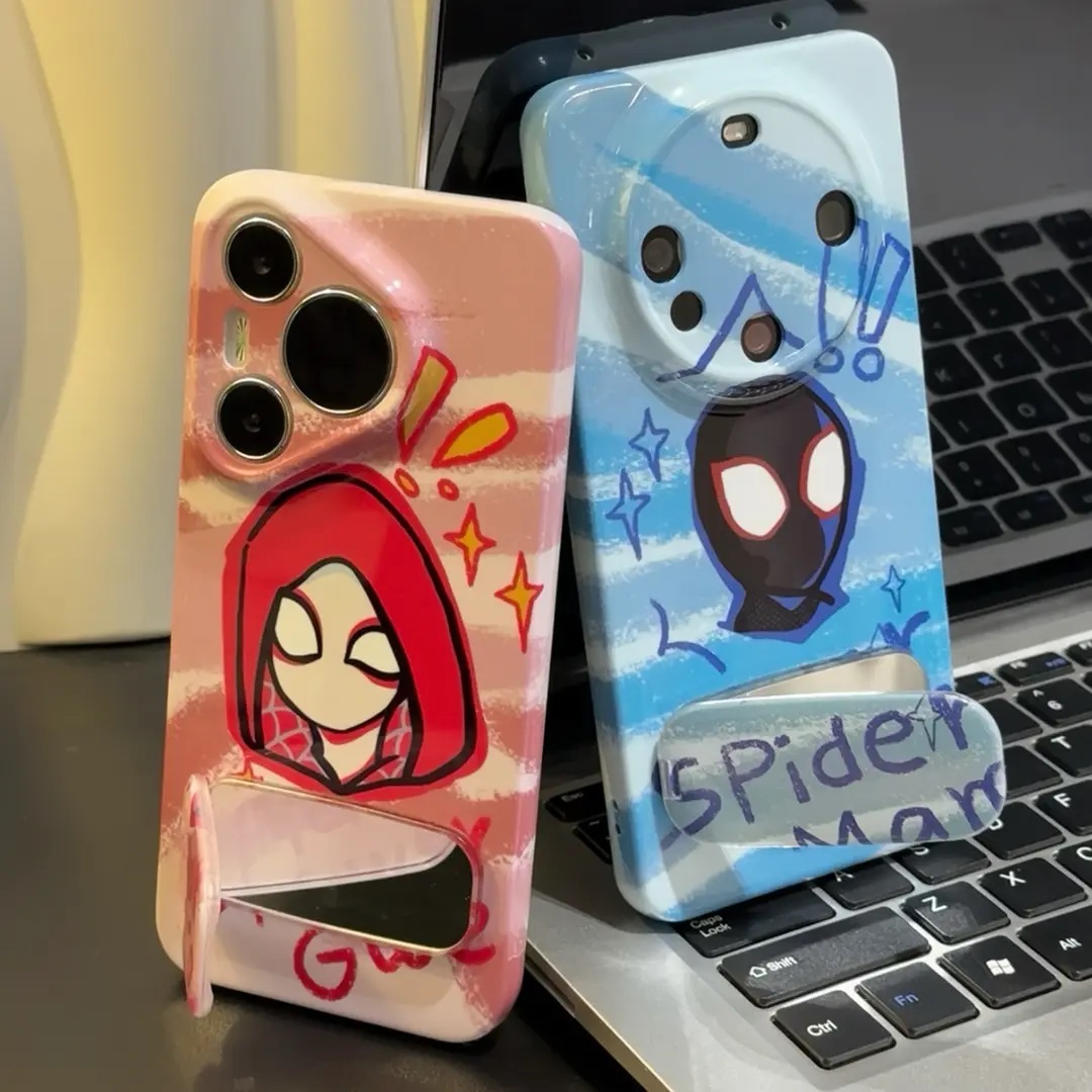 潮酷蜘蛛侠镜子支架适用苹果16PRO手机壳iPhone15/14PLUS菲林软壳华为NOVA14情侣PURA70卡通VIVOS30超火OPPO