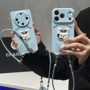 刺绣耳麦小狗适用苹果17手机壳iPhone16 华为PURA80可爱MATE60PRO防摔OPPORENO14情侣X300荣耀400 15秋冬新款