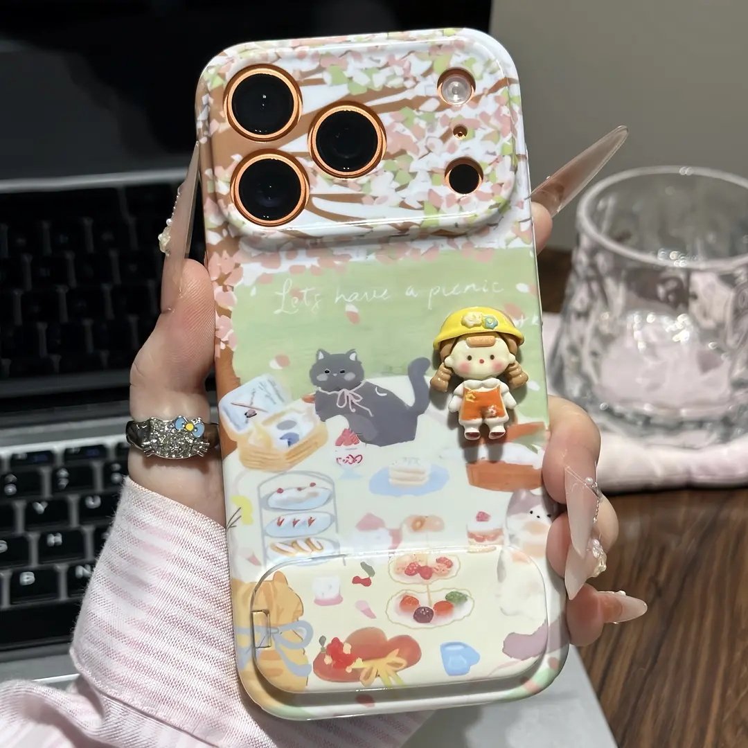 野餐猫咪女孩公仔支架适用苹果17手机壳iPhone16PROMAX新款华为PURA80可爱MATE60闺蜜VIVOX300菲林RENO15防摔