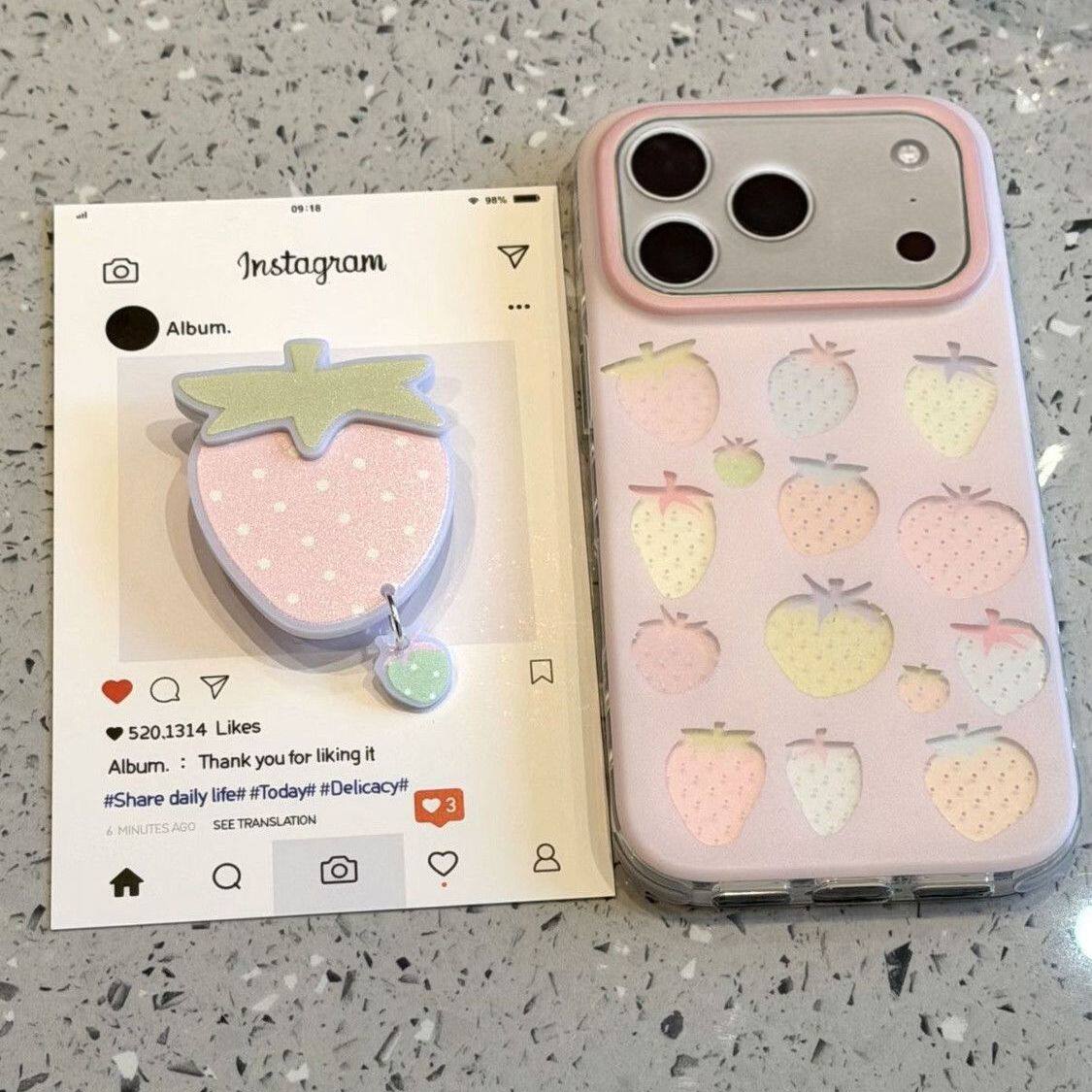 彩色粉草莓支架适用苹果17手机壳iPhone16PROMAX新款华为PURA80创意NOVA15闺蜜MATE60PRO防摔VIVO小米OPPOINS