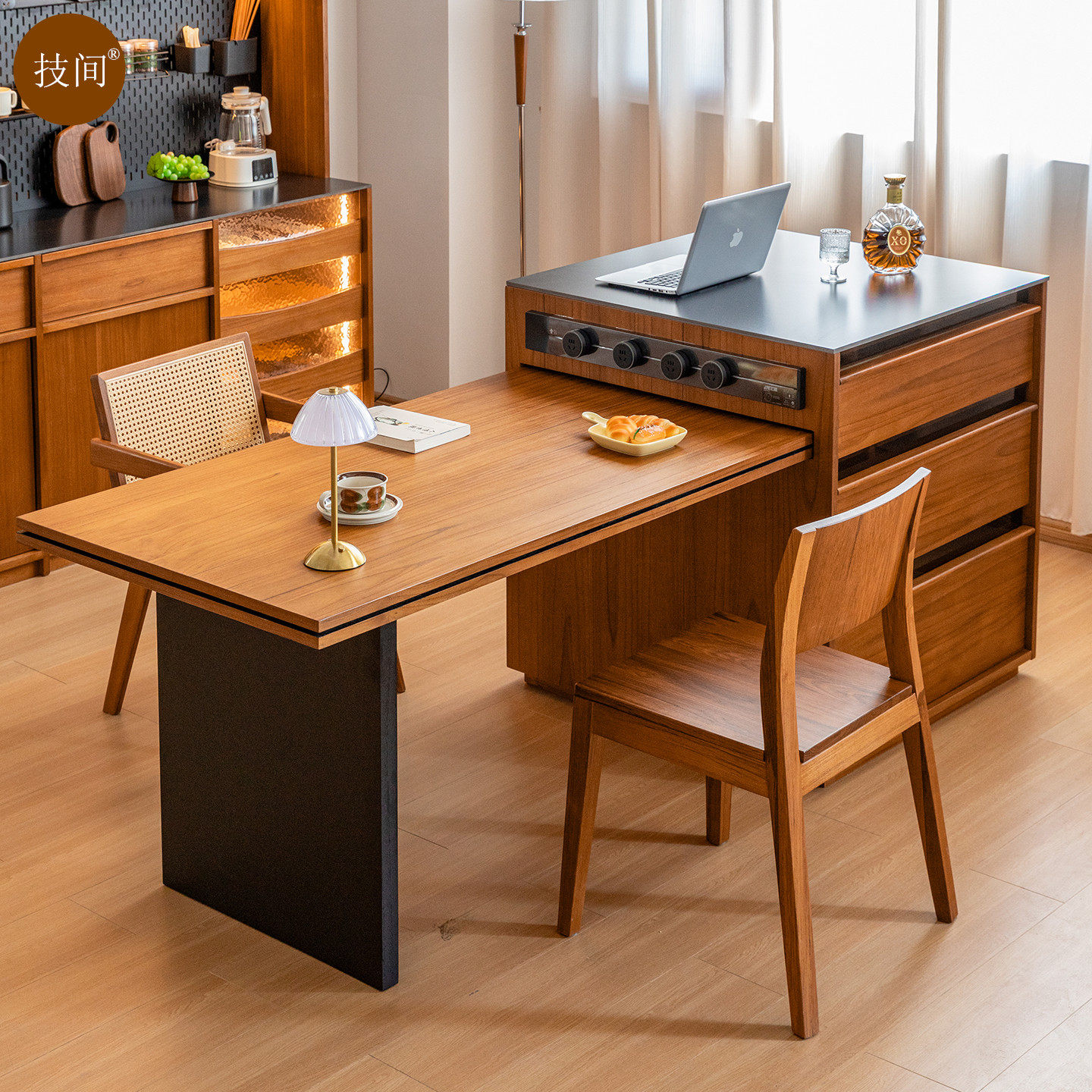 技间缅甸柚木饰面中古岛台餐桌一体可伸缩家用小户型现代简约岩板,住宅家具,岛台餐桌,淘宝优惠券,粉丝福利购,淘宝优惠卷