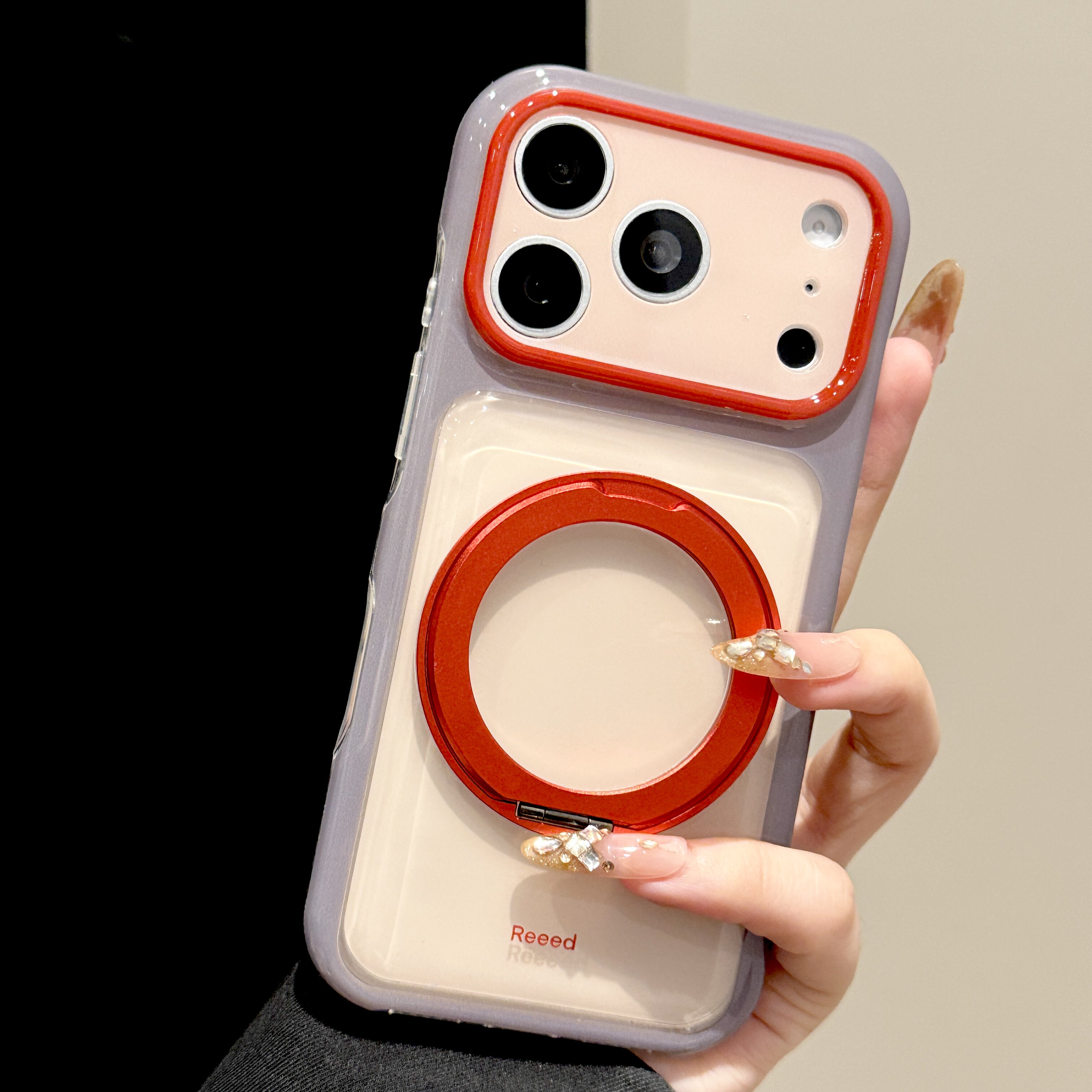 韩道适用苹果18Promax手机壳iphone17PM新款杏红撞色带360旋转磁吸支架16精孔按键全包15简约ins风防