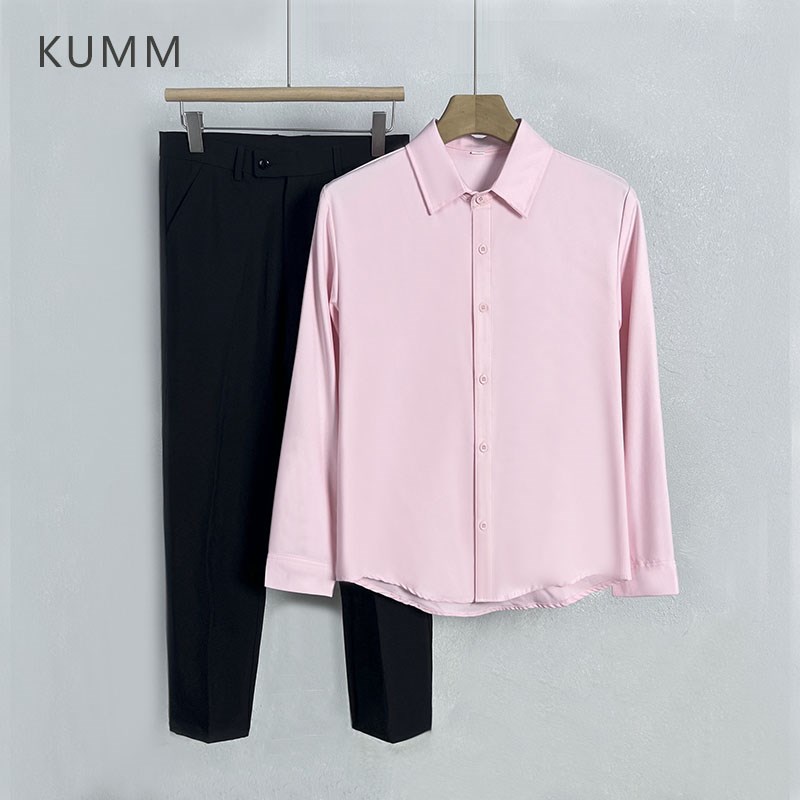 结婚订婚礼服粉红k色衬衫黑色西裤套装男方领长袖商务衬衣九分裤