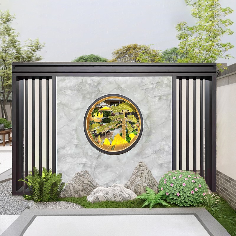 庭院入户隔断深咖古铜不锈钢铝艺定制小区别墅园林屏风影壁墙