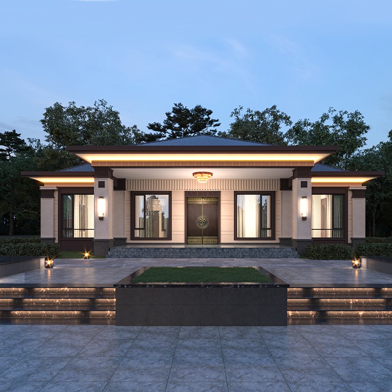 一层农村自建房子别墅设计图纸单层中式带院子乡墅别墅工场130