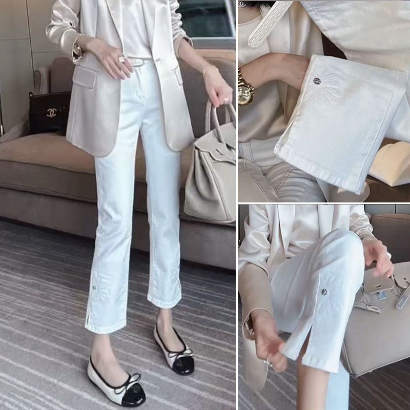 2025新款大码女装夏季薄款高腰弹力印花开叉牛仔裤女显瘦烟管裤子