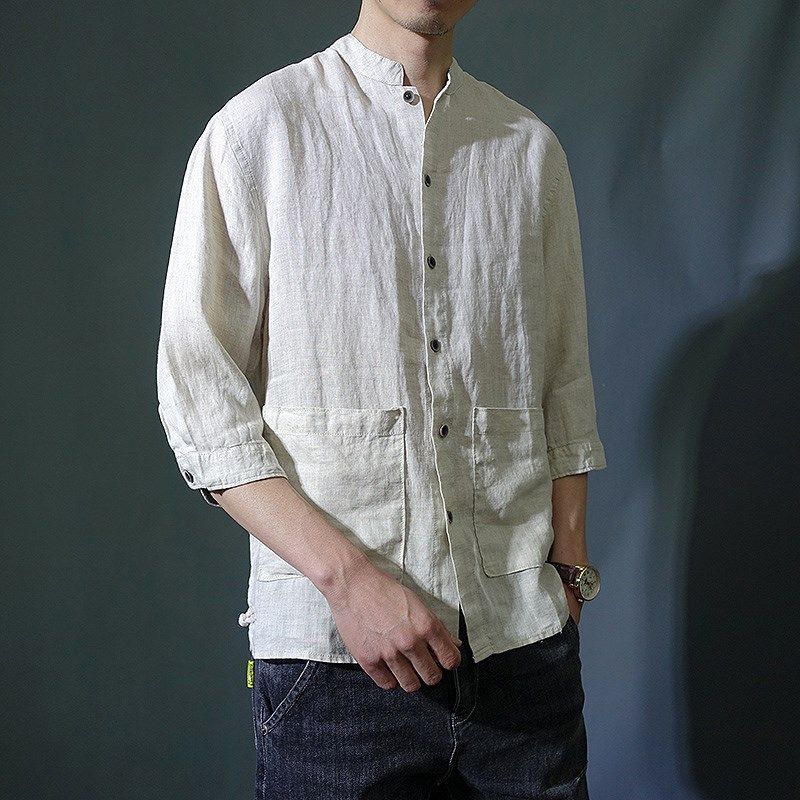 中式盘扣立领唐装口袋纯亚麻七分袖衬衫J宽松薄款中袖衬衣中山装,男装,唐装,淘宝优惠券,粉丝福利购,淘宝优惠卷