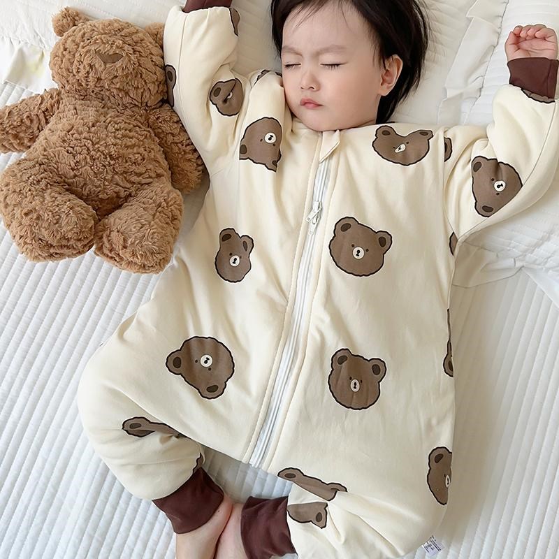 冬季宝宝纯棉加厚夹棉睡袋儿童卡通连体衣男童防踢被婴儿分腿睡衣