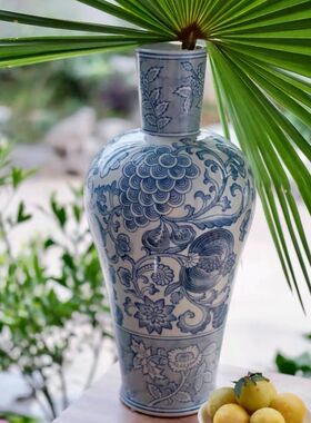 巴丽特青a花瓷陶瓷花瓶书房插花器摆件仿古新中式玄关家居客厅装