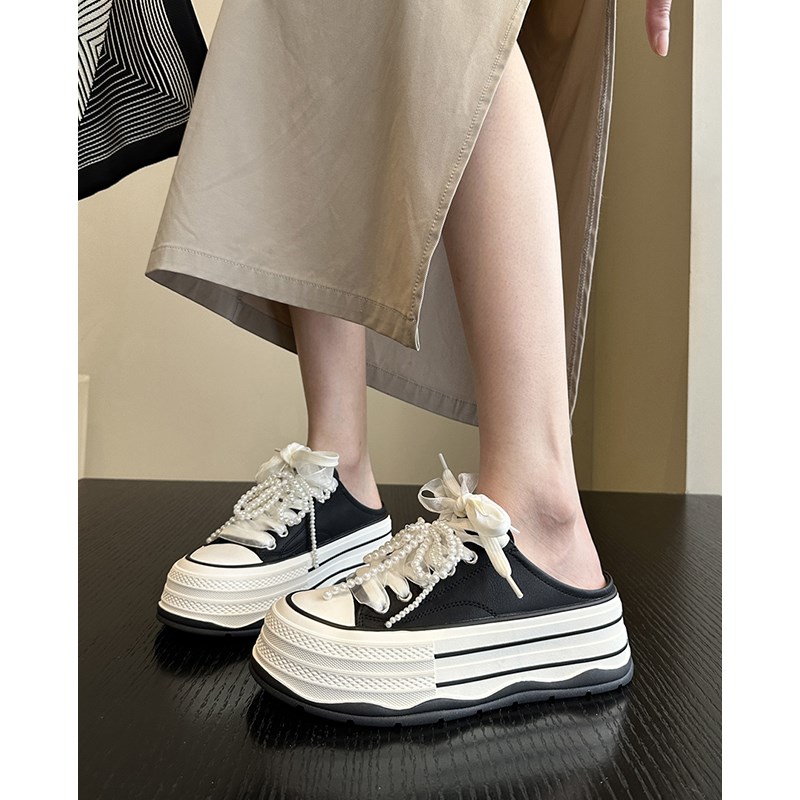 超洋气~春夏厚底增高小白鞋半拖女包头半拖鞋板鞋懒人一脚蹬外穿