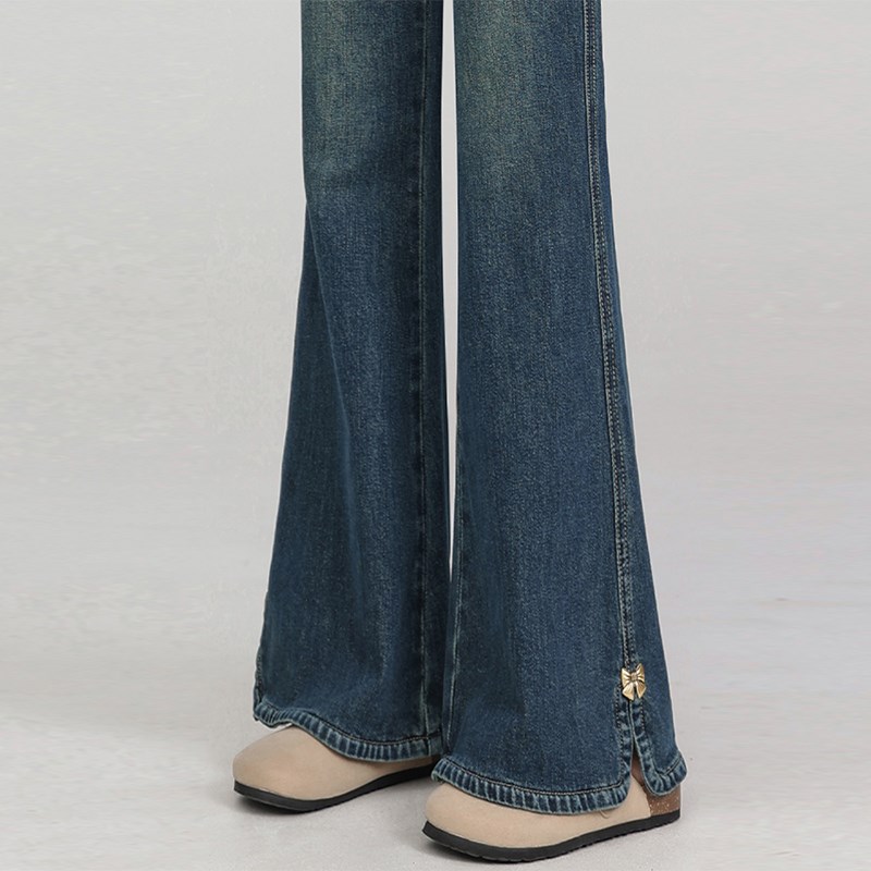 300斤大码弹力开叉设计微喇牛仔裤女胖mm高腰显瘦复古蓝喇叭裤子