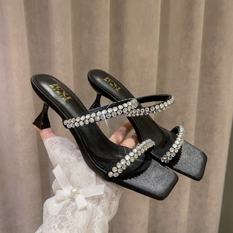 2023年夏新款方头黑色水钻一字带凉鞋女5cm猫跟T细跟高跟凉拖外穿,女鞋,一字带凉鞋,淘宝优惠券,粉丝福利购,淘宝优惠卷