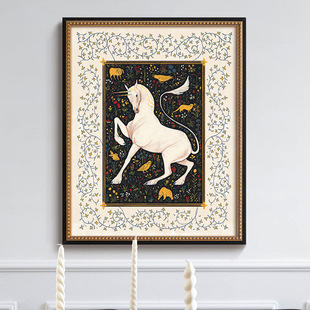 法式床头艺术独角兽装饰画实木框客厅沙发背景挂S画卧室走廊玄关