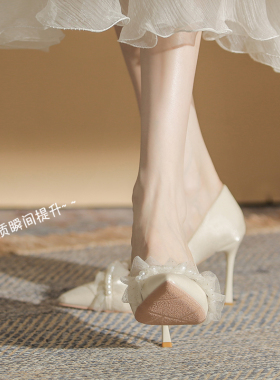 胖脚宽脚女鞋大码婚鞋4o1一43白色法式高跟鞋礼服鞋小码单鞋31323