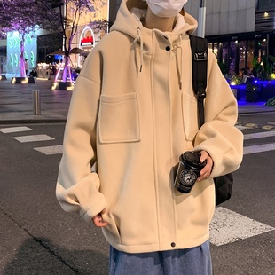毛呢大衣男秋冬季l加厚短款连帽风衣韩版潮流宽松呢子大码工装外