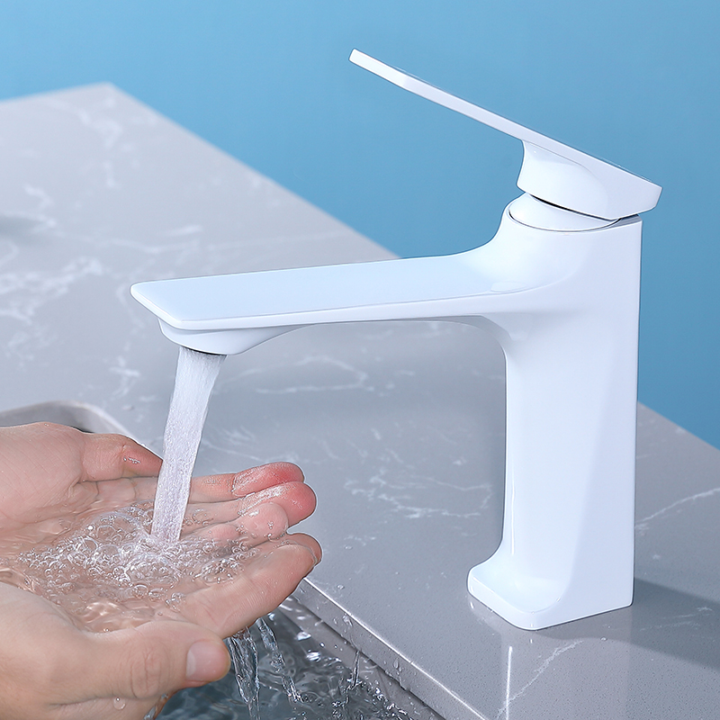 全白色水龙头卫生间面盆单孔洗手脸盆台上盆全高款加长冷热铜龙头