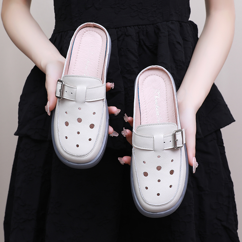 2025新款夏季软底洞洞鞋凉拖鞋女外穿沙滩真皮包头半拖鞋懒人凉鞋