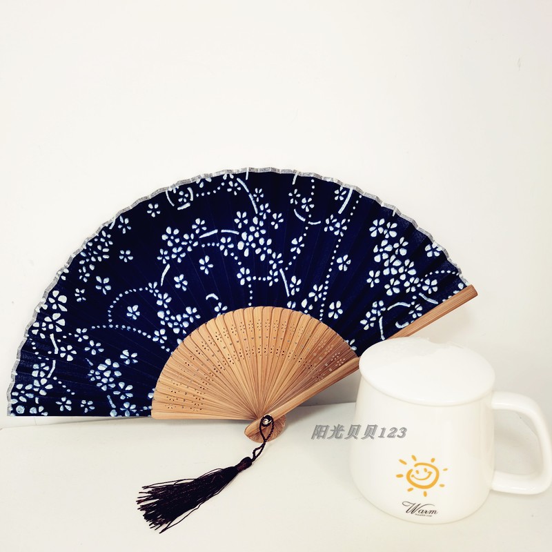 蓝印花布日用扇出国拌手礼 竹扇子DIYK蜡染工艺扇折叠 赠送布套