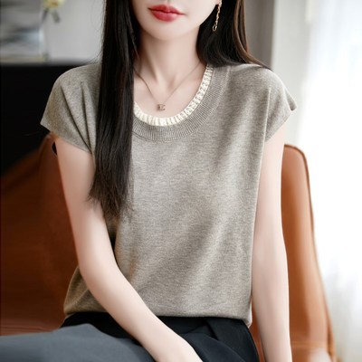 夏季新款精纺羊毛针织短袖T恤女圆领拼色蕾丝花边上衣宽松打底衫