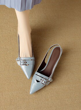 简约~手工制作真皮包头凉鞋女中z跟细跟尖头皮带扣后绊带蓝色40码