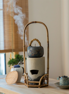 茶室中式禅意玄关摆件装饰品茶道C炭炉凉炉架复古桌面插花瓶花器