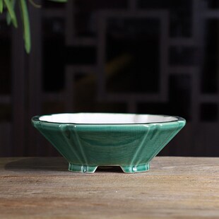 精品手工陶瓷花盆冰裂石湾釉盆抽角四方J斗盆浅盆盆景绿植造景客