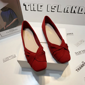 新娘结婚鞋 法式 2025年新款 软底平底豆豆鞋 平跟方头红色单鞋 女婚鞋