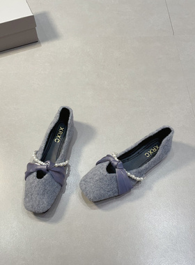 法式晚晚风灰色毛呢子单鞋女2025秋冬季新款毛毛鞋舒适温柔风女鞋