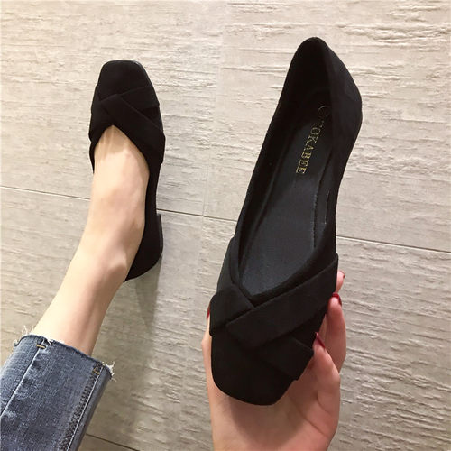 春秋款方头黑色工作大码平底鞋