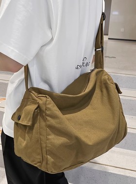 日系慵懒风帆布包男款大容量斜挎包复古邮差包上班通勤单肩包旅行