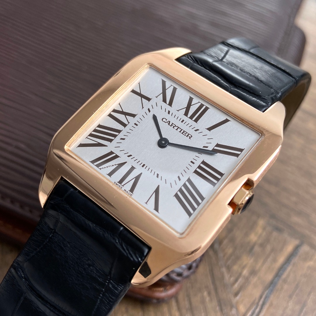 8新]卡地亚山度士系列18k玫瑰金手动机械中性表w2006951