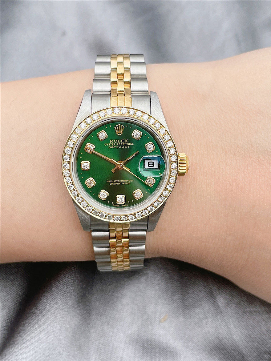 5新]劳力士日志型绿盘后镶钻石全自动机械女表69173