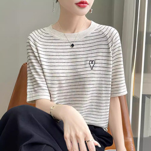 上衣 轻薄透气柔软桑蚕丝短袖 T恤衫 女条纹针织半袖 天丝圆领插肩袖