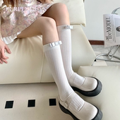 purpleguys芭蕾风蝴蝶结小腿袜子女夏季 薄纯色纯棉甜美可爱堆堆袜