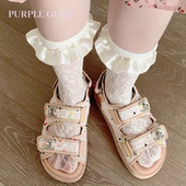 purple guys公主绸缎花边中筒袜女夏日系甜美小皮鞋 白色袜子搭配