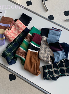 purple guys撞色条纹格子袜子女春秋复古小腿袜日系纯棉堆堆长袜