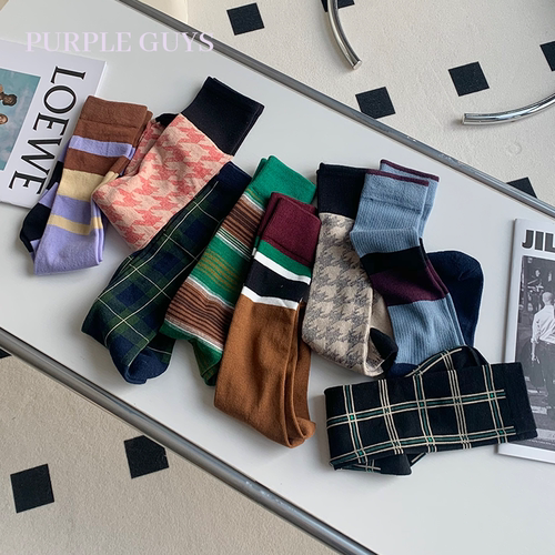 撞色条纹格子复古小腿袜