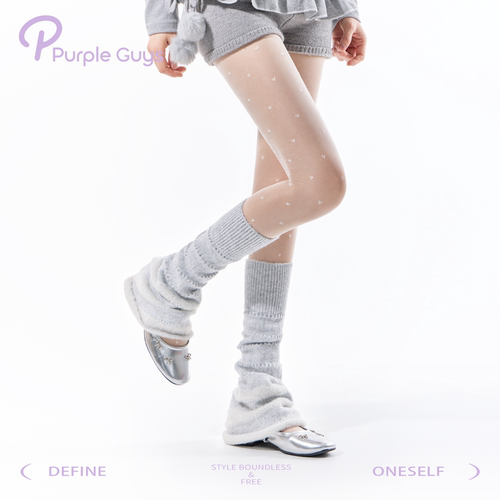 purpleguys法式小腿袜套女冬兔毛保暖微喇亮片细闪浅灰色堆堆袜套