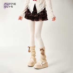 purpleguys毛球袜套秋冬女可爱蝴蝶结蕾丝花边针织显瘦堆堆小腿套