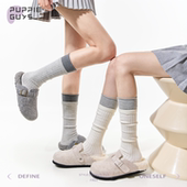 purpleguys白色羊毛小腿袜子女竖纹显瘦保暖卷边拼接灰色堆堆棉袜