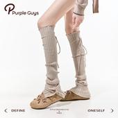 purpleguys卡其色堆堆袜套2025新款 冬女修饰腿型纽扣针织小腿套